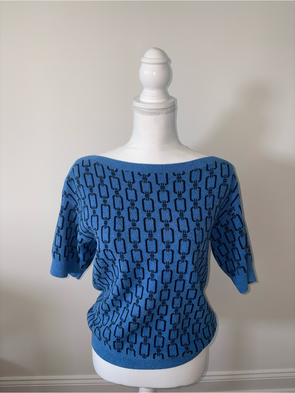 Ann Taylor Blue and Black Off-the-Shoulder Patterned Sweater
